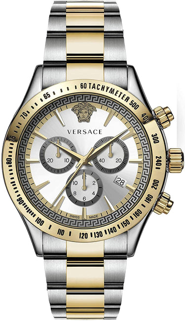Versace Chrono Classic Herrenuhr Armbanduhr Chronograph Silber Gold Stahl Silber Zifferblatt 44mm VEV700519